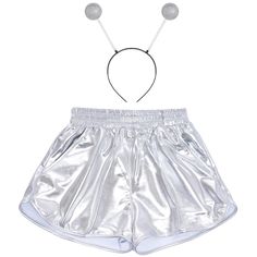 a silver shorts and headband with two balls attached to the top, on a white background