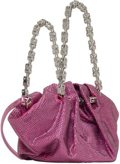 Viscose- and silk-blend satin top handle bag in pink. Crystal-cut detailing and gathering throughout. · Curb chain carry handle · Detachable grained calfskin shoulder strap · Logo hardware at face · Magnetic closure · Satin lining · H7 x W10.5 x D2 in Supplier color: Neon pink Luxury Evening Bag With Handle Drop For Events, Designer Bucket Bag With Top Handle For Evening, Designer Top Handle Bucket Bag For Evening, Designer Evening Bucket Bag With Top Carry Handle, Designer Bucket Bag With Top Carry Handle For Evening, Party Bucket Bag With Top Handle, Glamorous Evening Bucket Bag, Luxury Evening Bag With Handle Drop, Luxury Pink Bucket Bag With Top Carry Handle