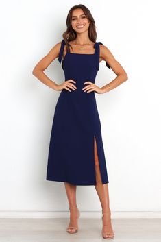 Laurel Dress - Navy - Petal & Pup USA Party Midi Maxi Dress With Knotted Straps, Square Neck Midi Dress With Tie Back For Brunch, Fitted Knee-length Midi Dress With Tie Back, Brunch Maxi Dress With Tie Back And Straight Neckline, Summer Midi Dress With Tie Back And Square Neck, Summer Square Neck Midi Dress With Tie Back, Summer Midi Dress With Square Neck And Tie Back, Midi Dress With Adjustable Straps For Brunch, Chic Midi Dress With Adjustable Straps For Brunch