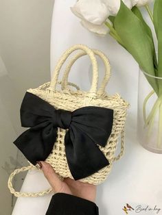 Bird in Bag - Straw Bag with Bow Decoration and Double Handles Spring Rectangular Bags With Bow, Casual Bag With Bow, Casual Bags With Bow, Spring Everyday Bag With Bow Detail, Casual Bag With Bow For Daily Use, Casual Bags With Bow For Daily Use, Casual Daily Use Bag With Bow Detail, Casual Daily Use Bag With Bow, Elegant Beach Season Shopping Bags