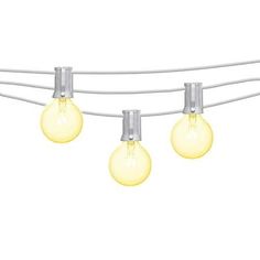 five light bulbs are hanging on a white wire with yellow lights in the middle and one bulb is turned off