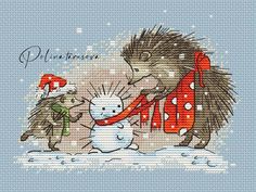 two hedgehogs are standing next to each other in front of a snowman