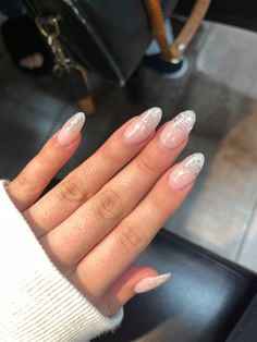 Sparkly French Tip Nails, Sparkly Nail Designs, Sparkly Acrylic Nails, Faded Nails, Glitter Tip Nails, Wedding Nails Glitter, Nails Silver, Gold Prom, Nails Gold