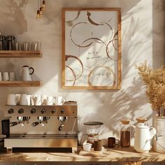 an espresso machine sitting on top of a wooden table