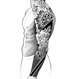 a black and white drawing of a man's arm with flowers on the sleeve