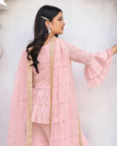 Light Pink Designer Embroidered Party Wear Gharara Suit-Saira's Boutique Pink Unstitched Party Suit With Sheer Dupatta, Pink Net Sharara For Eid, Pink Semi-stitched Net Sharara, Elegant Semi-stitched Pink Sharara, Pink Georgette Sharara With Sheer Dupatta, Light Pink Fabric, Gharara Suits, Wedding Reception Party, Resham Embroidery