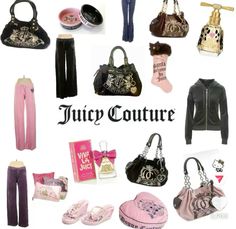 there are many different types of purses and handbags on this white background with the words juicy couture