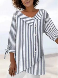 Casual Striped Long Sleeve Blouse Casual Striped Blouse For Daywear, Striped Long Sleeve Top For Beach, Striped Long Sleeve Beach Top, Long Sleeve Striped Beach Top, Striped Long Sleeve Blouse For Vacation, Striped V-neck Blouse For Daywear, Striped V-neck Top With Buttons, Chic Striped 3/4 Sleeve Tops, Striped V-neck Top For Daywear