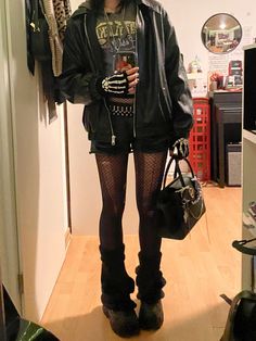 Leather Shorts Outfit Alt, Lowkey Emo Outfits, Fishnet Arm Sleeves Outfit, Shorts And Tights Outfit Grunge, Outfits With Shorts And Tights, Thigh High Socks Outfit Grunge, Body Warmer Outfit, Fishnet Tights Outfit Grunge, Grunge Shorts Outfit