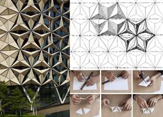 four different views of the same building, each with an origami design on it