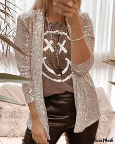 Olivia Mark - Premium Sequined Open-Front Long Sleeve Blazer Coat for an Elegant Look Night Out Party, Party Package, Chic Type, Open Front Blazer, Estilo Chic, Long Sleeve Print Dress, Long Sleeve Blazers, Fancy Outfits, Night Outfits