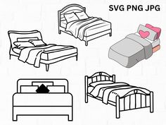 four different types of beds with sheets and pillows on them, including a bed frame