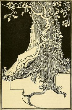 a drawing of a woman sitting on top of a tree