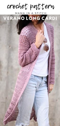 the crochet pattern for a cardigan sweater is shown with text overlay