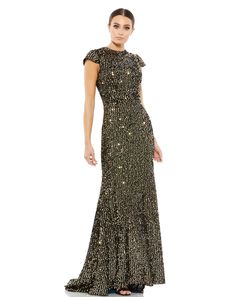 Nothing to wear? When you want to dress to impress, turn to this mini-paillette-embellished gown. The gorgeous gown is textured with scintillating sequins from head to toe and styled with a jewel neckline, cap sleeves, and a sweep train finish. Ieena for Mac Duggal Sequin-embellished fabric (100% polyester) Fully lined through body High round neckline Cap sleeves Concealed back zipper Approx. 62.5" from top of shoulder to bottom hem Style #26647 High Neck Gown, Mac Duggal Dress, Cap Sleeve Gown, Black Bridesmaid, Formal Dresses With Sleeves, Mother Of The Bride Outfit, Black Dress Formal, Embellished Gown, Sequin Gown