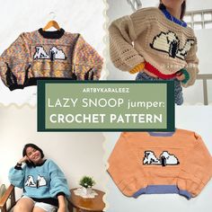 four different sweaters with the words lazy snoop jumper crochet pattern