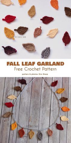 the free crochet pattern for fall leaf garland is shown in three different colors