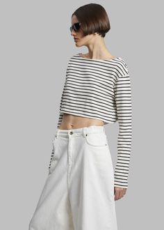 Color: Black Stripe Midweight cotton knit with light stretch Boxy fit Cropped profile Boat neckline Wide sleeves 100% Cotton Machine Wash Cold By The Frankie Shop. Imported Chic Boxy Fit Cotton Top, Cropped Cotton Knit Top, Stretch Cotton Cropped Knit Top, Stretch Cropped Cotton Knit Top, Striped Cotton Crew Neck Crop Top, The Frankie Shop, Frankie Shop, Boat Neckline, Wide Sleeves