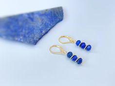 "Handmade Lapis Lazuli gold boho earrings for women. Lapis gemstones hang from hand crafted sterling silver, Rose Gold or Gold Fill ear wires or leverbacks. Dainty lightweight earrings perfect for everyday wear.  Handmade Jewelry crafted with love one at a time in my northern Michigan studio. Gemstones are nature's creations and may vary slightly in color and inclusions, but all are lovely and hand selected to match. These earrings are Dainty approx 1 1/4\" (35mm) long including the ear wires / Handmade Lapis Lazuli Yellow Gold Jewelry, Handmade Lapis Lazuli Jewelry For Everyday, Handmade Lapis Lazuli Jewelry In Yellow Gold, Handmade Yellow Gold Lapis Lazuli Jewelry, 14k Gold Filled Drop Earrings With Natural Stones, 14k Gold Filled Natural Stone Drop Earrings, Handmade Yellow Gold Jewelry With Lapis Lazuli, Bohemian Blue 14k Gold-filled Jewelry, Blue Bohemian 14k Gold Filled Jewelry