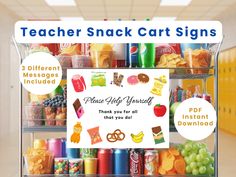 there is a sign that says teacher snack cart signs