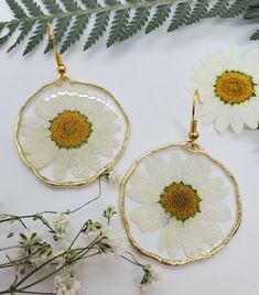 two white and yellow flowers are hanging from gold hoop earrings