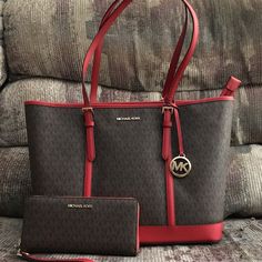 Nwt- Michael Kors Red/Brown Tote With Matching Wallet. Tote- Adjustable 11” Handle Drop. Gold Hardware. “Michael Kors Logo. “Mk” Logo Charm. One Interior Zip Pocket And Two Open Side Pockets. Some Creases And Dents Due To Storage. No Dust Bag. Wallet- Zip Around Style With Multi Card Slots. Gold Hardware. “Michael Kors” Logo. Removable Leather Wristlet Strap. 8.25”L X 4”H X 1.25 W. Designer Red Coated Canvas Bag, Classic Red Coated Canvas Shoulder Bag, Classic Red Coated Canvas Bag, Designer Red Bags With Interior Card Slots, Red Coated Canvas Satchel Shoulder Bag, Red Coated Canvas Satchel Bag, Elegant Red Coated Canvas Bag, Red Coated Canvas Bag With Leather Handles, Red Coated Canvas Bags With Leather Handles