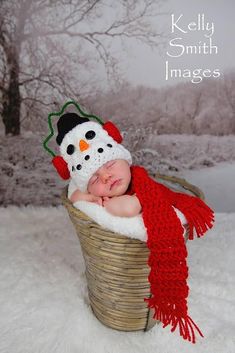 a baby in a basket with a snowman hat and scarf on it's head