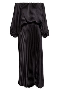 Allover pleats lend graceful movement to this shoulder-baring maxi designed with a smocked waist. 48" center front length (size Medium) Slips on over head Partially lined Off-the-shoulder neck Three-quarter sleeves with elastic cuffs 100% polyester Machine wash, line dry Imported Build Wardrobe, Off The Shoulder Maxi Dress, Maxi Design, Graceful Movement, Black Off Shoulder, Dress Home, Pleated Midi Dress, Halter Maxi Dresses, Asymmetrical Dress