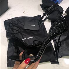 100 Authentic & Brand New Work Box, Bags, Tags & Receipt Is Shown But Not Included Bc There Were Other Purchases! These Are A Stunner! Super Flashy-Yet Classy! They’re Black & Have Some Glit To Them! Size 40! I Bought An Extra Pair For My Brothers Gf But They Didn’t Fit Her! Absolutely No Discrepancies! Refer To Pcs! I Captured Every Angle!Never Been Worn! Perfect X-Mas Gift Please Note Pm Fees Are High! Hard To Negotiate- However If Ur Serious Add 2 Bundle & Message Me Privately! Or Feel Free T Luxury Sparkling Heels For Night Out, Silver Pumps Heels, Shoes Ysl, Black Lace Heels, Box Bags, Ysl Heels, Yves Saint Laurent Shoes, Vintage Ysl, Gucci Sneakers