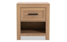 the side table is made from wood and has an open drawer on one side with a black handle