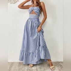 New Nautical Striped Bandeau Halter Cut Out Maxi Dress * Sleeveless * Spaghetti Strap Tie Halter * Bandeau Top * Cutout Waist Detail * Stretch Smocked Back * High Waist * Flared A Line Long Skirt * Ruffle Hem *Approximate Unstretched Measurements* Xs (2) * Bust 33" (Up To 34") * Waist 24.75" (Up To 26") * Length 56.75" Small (4) * Bust 34.5" (Up To 35.5") * Waist 26.5" (Up To 27.5") * Length 57" Medium (6) * Bust 36.25" (Up To 37")* Waist 28" (Up To 29") * Length 57.5" Large (8/10) * Bust 38.5" A Line Long Skirt, Preppy Country, Flowy Sundress, Cut Out Maxi Dress, Cruise Dress, Maxi Dress Sleeveless, Skirt Ruffle, Maxi Dress White, Concert Fits