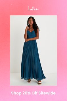 Whenever you wear the Lulus Sensational Charmer Teal Blue Pleated Sleeveless Maxi Dress, you'll just know you look fabulous! Lightweight pleated woven chiffon shapes this ultra-elegant dress that starts with a sleeveless bodice (with a flattering ruched detail at the center) and a V-neckline, supported by adjustable spaghetti straps. The fitted waist tops a breezy, A-line maxi skirt that continues down to a sweeping maxi hem. Hidden back zipper/clasp. Fit: This garment fits true to size. Length: Floor length. Size medium measures 53.5" from adjustable straps to hem. Bust: Great for any cup size. Waist: Fitted - very fitted at natural waist. Hip: Not Fitted - fuller skirt allows room for hips. Undergarments: May be worn with a strapless bra, adhesive bra, petals, or no bra. Fabric: Fabric h Sleeveless Pleated Maxi Dress For Prom Season, Chic Pleated Maxi Dress For Prom Season, Pleated Sleeveless Maxi Dress For Prom Season, Chic Pleated Maxi Dress For Prom, Elegant Pleated Maxi Dress For Bridesmaids, Elegant Pleated Bridesmaid Maxi Dress, Sleeveless Lined Maxi Bridesmaid Dress, Elegant Pleated Maxi Dress With Sweetheart Neckline, Pleated Chiffon Maxi Dress For Prom