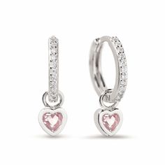 A tiny pink bezel set heart charm dangles from pavé huggie hoop earrings. Sterling Silver Total Height 0.7in(17mm) Hoop Inside Diameter 0.35in(9mm), Width 0.06in(1.5mm) Heart Charm 5mm Click close mechanism #E445-SPK Heart Huggies, Knots Jewelry, Jewelry Gift Guide, Moms Bracelet, Choker Pendant, Gold Statement Ring, Nose Jewelry, Tiny Studs, Waterproof Jewelry