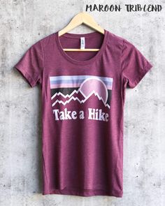 "RUNS TIGHT, size up. I'm 105 lbs/ 5'4\" and I wear a medium comfortably. Can fit in a small as well (fits like a unisex XS) but medium was more comfortable (does fit loosely in a medium, like a unisex S). MAUVE , HEATHER SLATE , MAROON, MILITARY GREEN, and HEATHER MILITARY GREEN NOW COMES IN UNISEX SIZING! made with bella canvas women's favorite cotton tee 100% cotton for solid colors Heather color is 52% cotton, 48% polyester Triblend for the triblend colors (clay, purple triblend, maroon trib Crew Neck T-shirt With Letter Print For Hiking, Sporty Crew Neck T-shirt For Hiking, Short Sleeve T-shirt With Front Print For Outdoor, Sporty Graphic Print Tops For Hiking, Casual Red T-shirt For Outdoor Activities, Sporty Short Sleeve Top For Hiking, Heather Color Relaxed Fit Short Sleeve T-shirt, Pre-shrunk Tri-blend T-shirt For Outdoor Activities, Heather Relaxed Fit Short Sleeve T-shirt