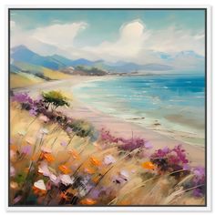 an oil painting of flowers by the beach