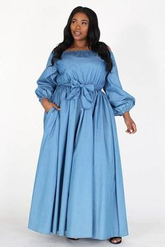 Puff Sleeve Denim Maxi Dress – Diva's Den Fashion Long Puffy Sleeves, African Attire Dresses, Denim Maxi Dress, Off Shoulder Maxi Dress, Big Girl Fashion, Denim Maxi, Latest African Fashion Dresses, Plus Size Maxi Dresses, Puffy Sleeves