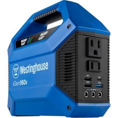 the blue and black portable generator is on display in front of a white background that says westinghouse