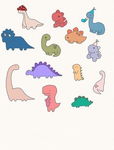 a bunch of different colored dinosaurs on a white background