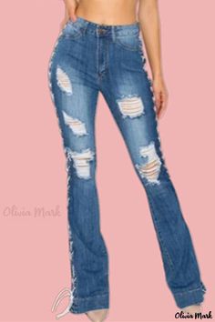 Olivia Mark - High-Quality Womens Black Solid Ripped Bandage Denim Jeans with a Stylish High-waisted and Regular Fit Chic Distressed Fitted Bottoms, High Rise Jeans With Pockets For Night Out, Fitted High Waist Distressed Jeans, Fitted High Waist Distressed Flare Jeans, Fitted Distressed Denim Pants, High Waist Jeans With Frayed Hem For Night Out, High Waist Ripped Fitted Jeans, Fitted High Waist Ripped Jeans, Ripped High Waist Fitted Jeans