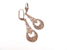 "Beautiful Art Nouveau Design Dangle Earrings. Antiqued Copper Filigree. Ornate, pretty, comfortable to wear. Measure 1-7/8\" top of ear wire to bottom. Nickel Free. Now available in Antiqued Silver Plated: https://www.etsy.com/listing/473757194 Handmade by me, on Maui, and sent to you with Aloha! 40 Storefront and Sections: hawaiibeads.etsy.com" Chandelier Wedding, Vintage Style Art, Earrings Art, Art Nouveau Design, Deco Vintage, Art Deco Earrings, Swarovski Pearls, Copper Earrings, Fun Earrings