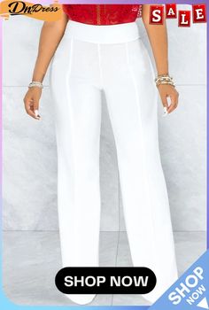 White Fashion Casual Solid Basic Regular High Waist Trousers Chic Solid Color Bottoms For Going Out, Chic Bottoms For Going Out In Solid Color, Non-stretch Summer Dress Pants For Office, Elegant Solid Color Dress Pants For Summer, White Non-stretch Dress Pants With Pockets, Non-stretch White Dress Pants With Pockets, Summer Workwear Solid Color Dress Pants, Elegant Bottoms For Going Out In Solid Color, Summer Wide Leg Work Pants Solid Color