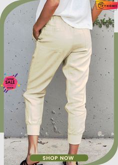 Apricot Causal Pockets Pants Spring Solid Color Harem Pants With Cargo Pockets, Spring Harem Pants With Cargo Pockets, Beige High-waisted Pants With Side Pockets, Spring Khaki Harem Pants With Cargo Pockets, Beige High Waist Relaxed Fit Sweatpants, Beige Trousers With Side Pockets, High Waist Beige Relaxed Fit Sweatpants, Khaki Solid Color Bottoms For Workwear, Cream Cargo Pants With Side Pockets For Spring