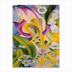 an abstract painting with flowers and leaves