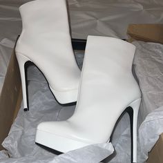 Brand New, All Man-Made Material, Never Worn, True To Size 7 White Platform Ankle Boots With Zipper, White Ankle Platform Boots With Zipper, White Ankle Platform Boots With Zipper Closure, White High Heel Platform Boots With Zipper, Chic White Boots With Zipper Closure, Chic White Boots With Zipper, White High Heel Boots, White Heel Boots, White Heels