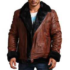 Black Fur Lining Brown Bomber Biker Jacket Brown Leather Biker Jacket With Faux Fur Lining, Brown Fur Leather Jacket, Brown Leather Jacket For Motorcycling, Vintage Fur Jacket, Mens Shearling Coat, Leather Jacket With Fur, Luxury Vintage Brown Leather Jacket For Men, Luxury Brown Faux Fur Leather Jacket, Brown Leather Jacket Men