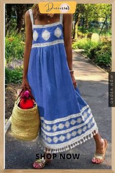 Casual Print Tassel Square Collar Straight Dresses(5 Colors) Casual Maxi Dresses With Tassels, Casual Summer Maxi Dress With Fringe, Casual Blue Dress With Tassels, Casual Fringe Maxi Dress For Vacation, Casual Vacation Dresses With Tassels, Casual Tassel Maxi Dress For Spring, Straight Dress, Color Pick, Shoulder Sleeve