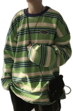 Trendy Striped Long Sleeve T-shirt, Trendy Green Long Sleeve T-shirt, Trendy Striped Crew Neck Shirt, Trendy Long Sleeve Green T-shirt, Striped Oversized Crew Neck Top, Oversized Striped Crew Neck Top, Striped Long Sleeve T-shirt For Streetwear, Green Oversized Crew Neck Top, Oversized Green Crew Neck Top