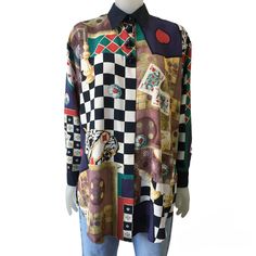 Stunning 1980s vintage shirt / blouse with a beautiful allover print of playing cards and board games, and amazing 3D decorative buttons under the collar. An absolute attention-grabbing piece.  Women's size approximately: L * mannequin is a size S/M and about 180 cm tall * would fit a men's size M, but the sleeves might be short if you are tall, so please compare the shoulder and sleeve measurements with a shirt you already own Please check the all measurements to make sure it will fit : length: Vintage Multicolor Tops With Unique Print, Vintage Collared Blouse With Graphic Print, Vintage Multicolor Top With Unique Print, Patterned Button-up Shirt With Vintage Print, Vintage Graphic Print Patterned Blouse, Vintage Patterned Blouse With Graphic Print, Vintage Printed Button-up Shirt, Multicolor Retro Print Relaxed Fit Shirt, Patterned Vintage Print Button-up Shirt