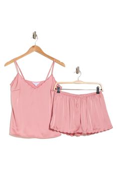 Sweet dreams are achieved when you snuggle in these satin woven pajamas that pairs a breezy tank with coordinating shorts. Top has V-neck; adjustable straps 95% polyester, 5% spandex Hand wash, line dry Imported Summer Satin Pajama Party Sets, Satin Sets For Summer Pajama Party, Summer Lounging Camisole, Summer Satin Bedtime Sets, Satin Bedtime Sets For Summer, Summer Sleep Camisole Sets, Summer Satin Lounging Set, Satin Lounging Set For Summer, Summer Cami Set For Pajama Party