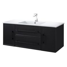 a black and white bathroom vanity with a sink on it's side, next to a faucet